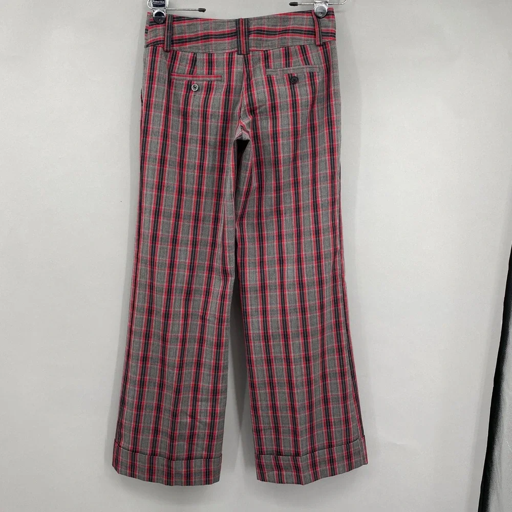 Vtg No Boundaries Plaid Wide Leg Trousers Pants Womens 5 Red Grey Cuffed Y2K